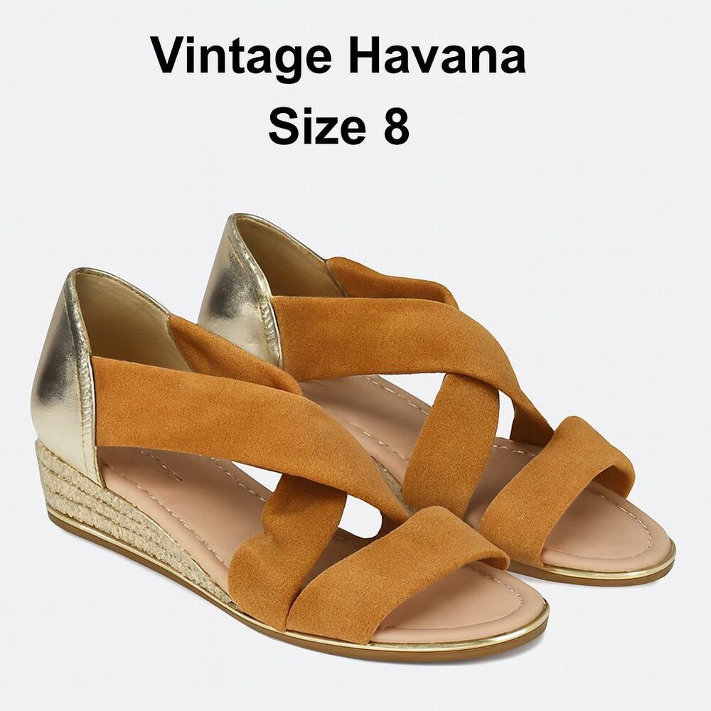 NWOB Vintage Havana "Pia" Open Toe Espadrille Sandals Cognac Faux Suede & Gold 8